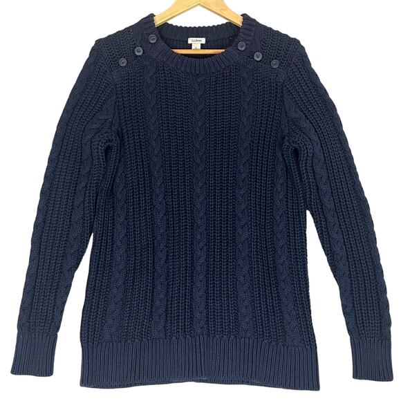 LL Bean Cable Knit Fisherman Sweater Womens Large Navy Blue Nautical Coastal - Picture 1 of 10
